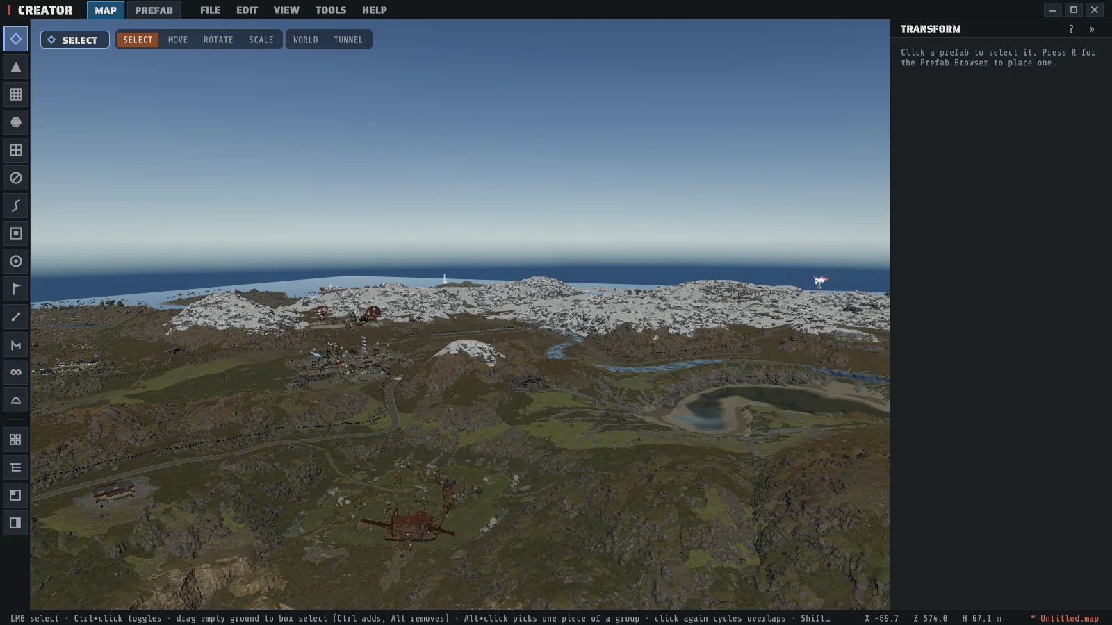 Creator, the Rust map editor, showing a generated map in 3D with snowy mountains, a river, a lake and monuments, the tool rail on the left and the inspector on the right