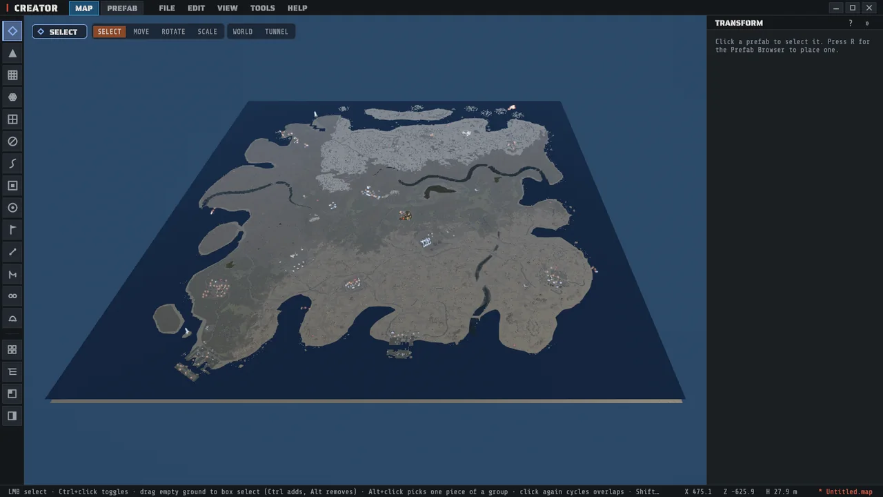 A whole Rust map generated in Creator, seen from above, with its coastline, rivers, snow and monuments