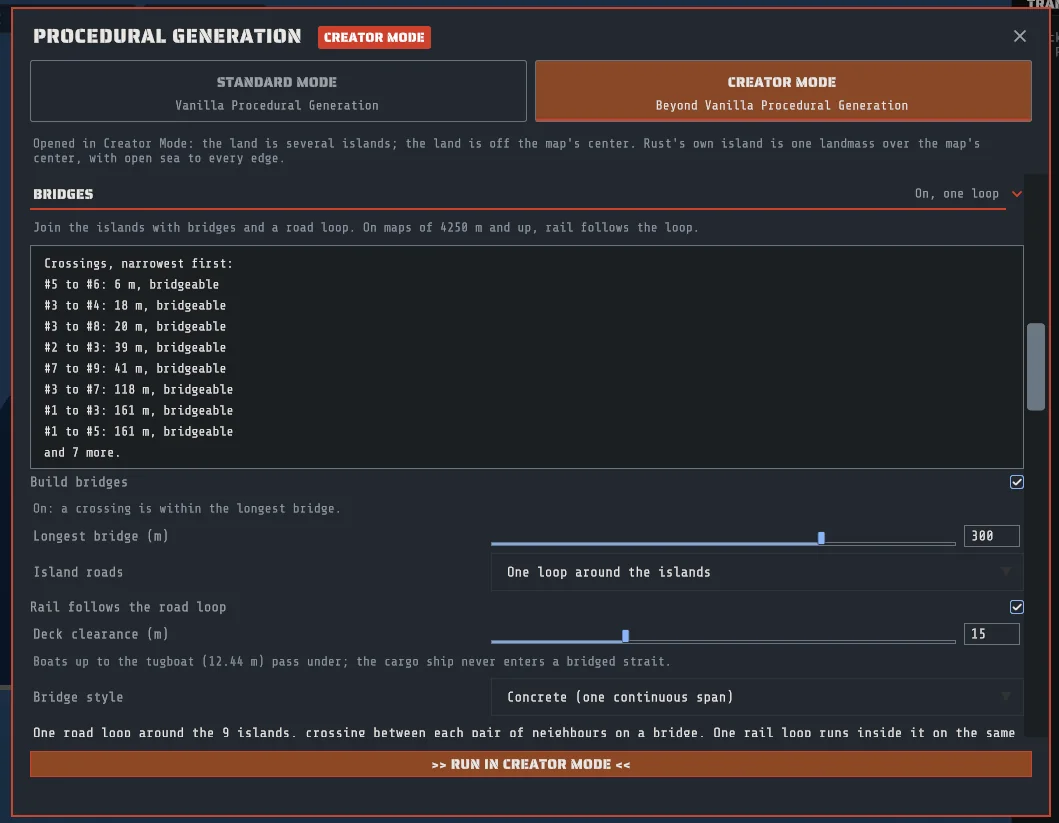 The Creator Mode panel in Creator with the bridges section open, listing the measured crossings between islands and the bridge and road loop settings