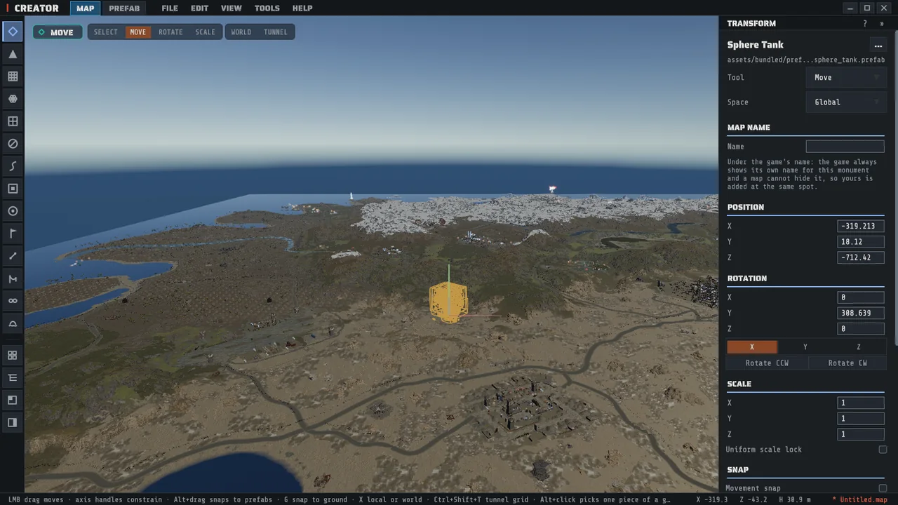 A prefab selected in Creator with the move gizmo on it and its position, rotation and scale in the inspector