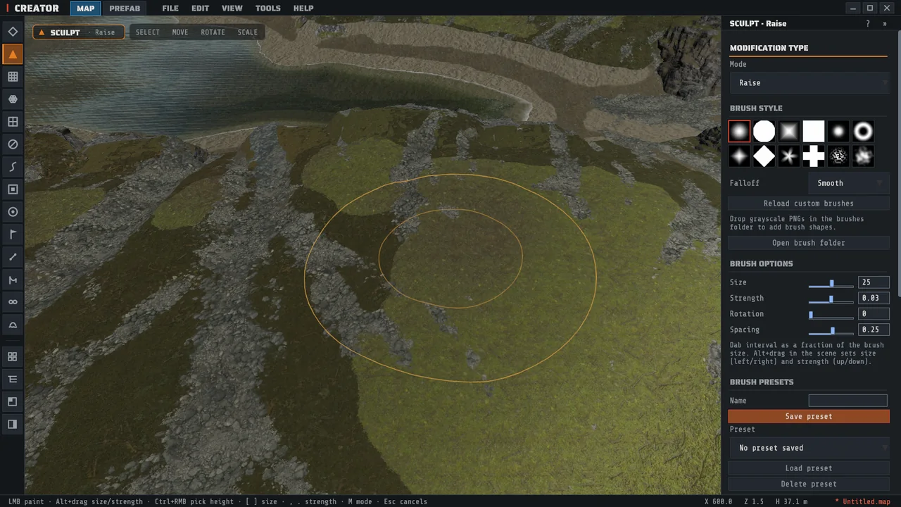 The Sculpt tool in Creator raising terrain beside a beach, with the brush ring on the ground and the brush settings in the inspector