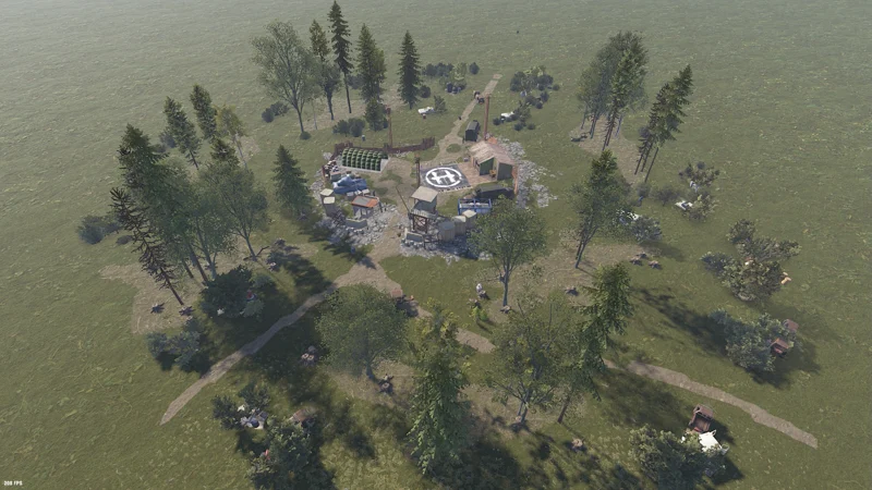 The Airwolf Camp custom Rust prefab from above, a helicopter vendor monument with loot crates and a safe zone