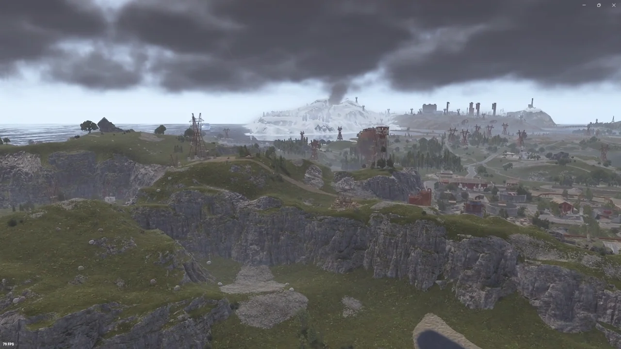 Crucible Volcanic 3800 in game, a free custom Rust map with a smoking volcano, made with Crucible Heightmap