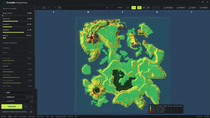 The Crucible Volcanic 3800 map seen from above in Crucible Heightmap