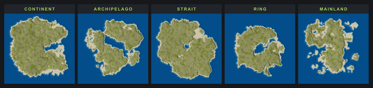 Animated grid of the five Crucible Heightmap full-map styles, Continent, Archipelago, Strait, Ring and Mainland, each cycling through generated Rust maps