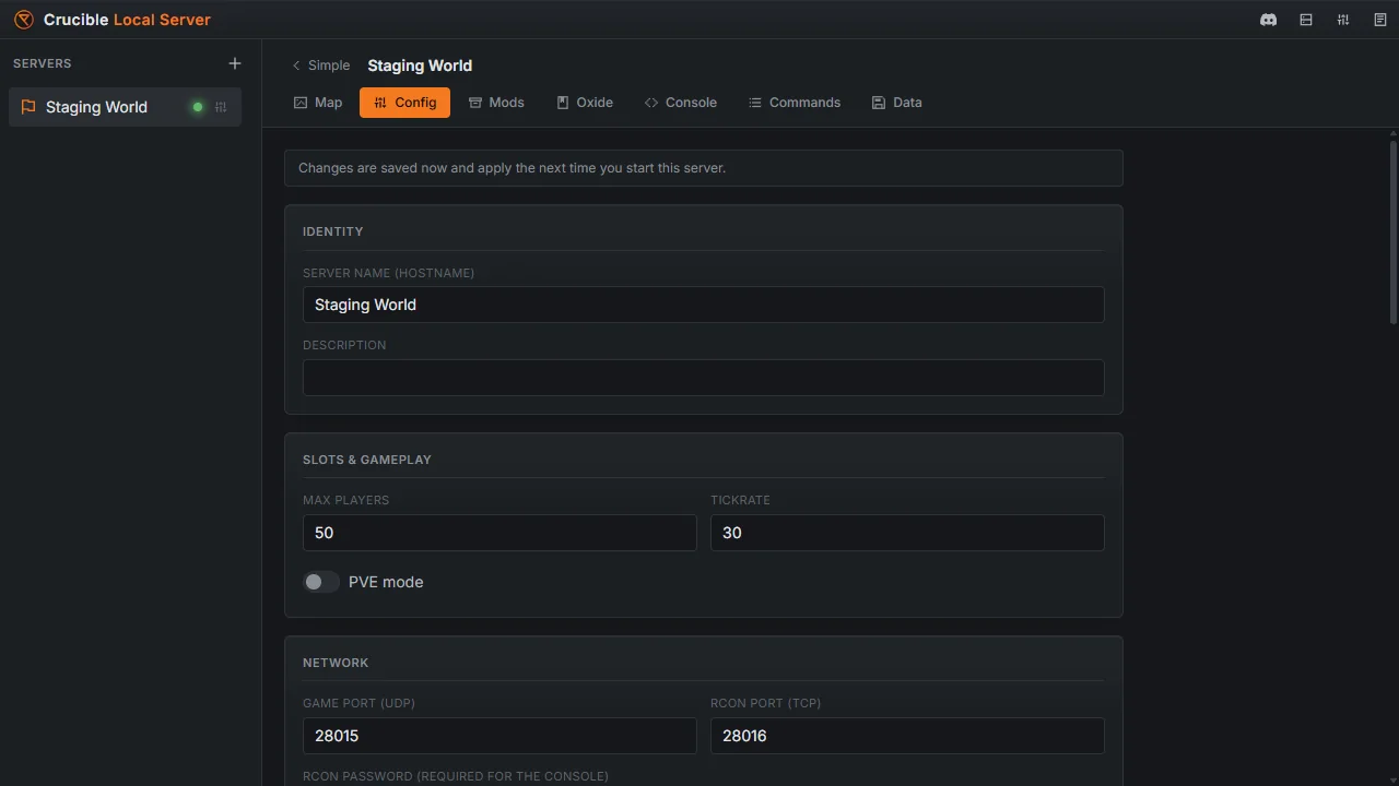 The Config tab in Crucible Local Server with the server name, max players, tickrate, ports and other server.cfg settings