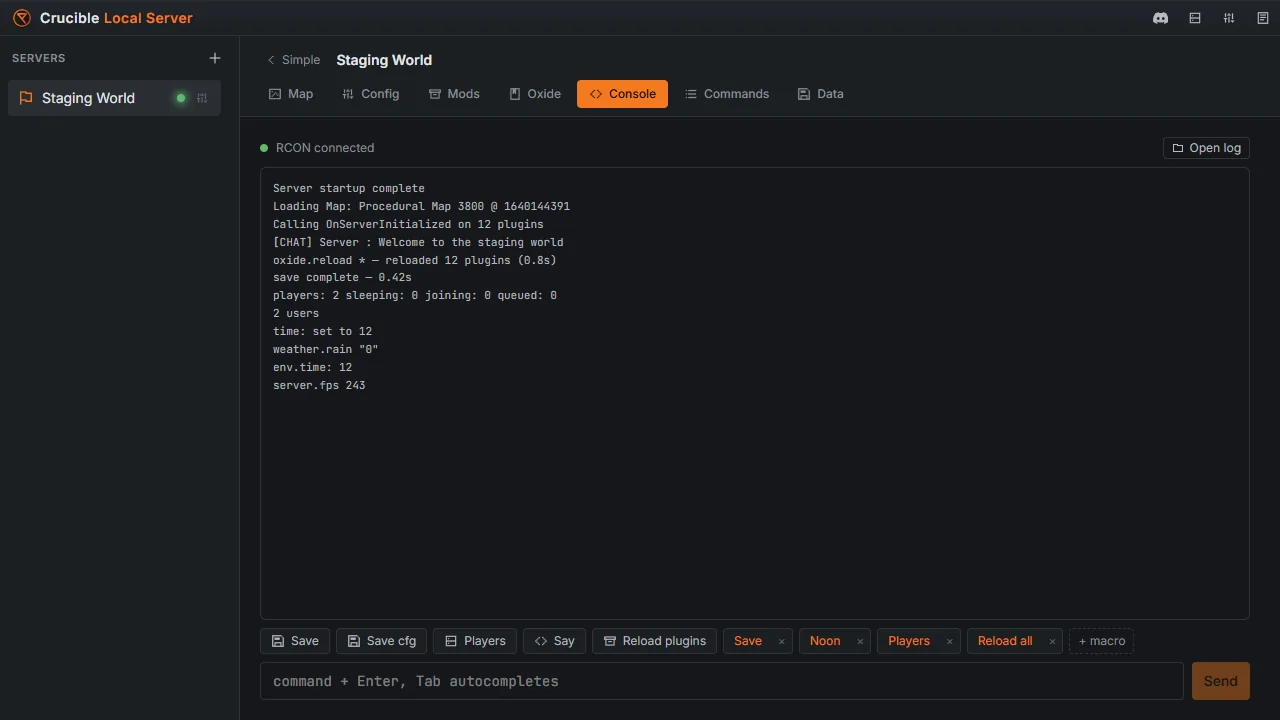 The live web RCON console in Crucible Local Server streaming server output, with quick-action buttons, saved macros and a command input with tab-complete