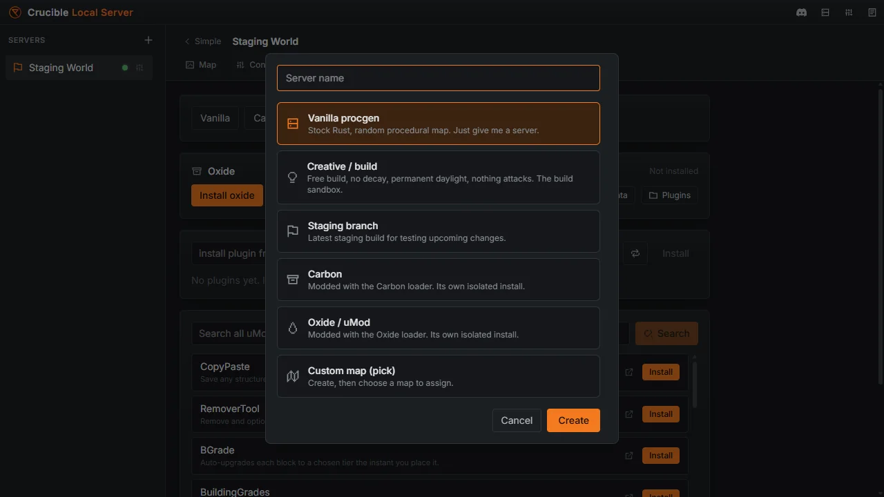 Creating a new Rust server in Crucible Local Server from a preset: vanilla procgen, creative build, staging, Carbon or Oxide