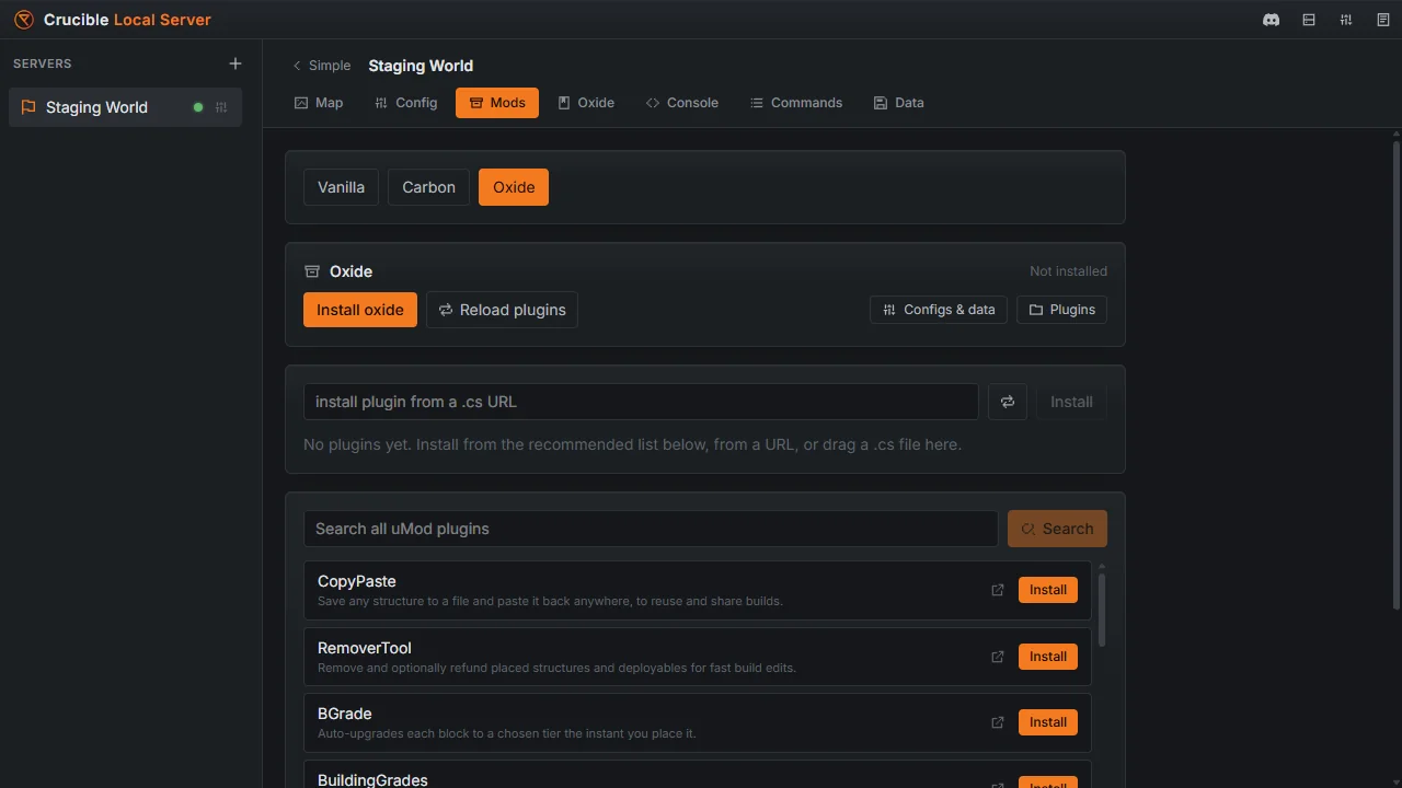 The Mods tab in Crucible Local Server with the Carbon and Oxide stack picker, reload-plugins and configs-and-data buttons, and a browsable plugin list with one-click install