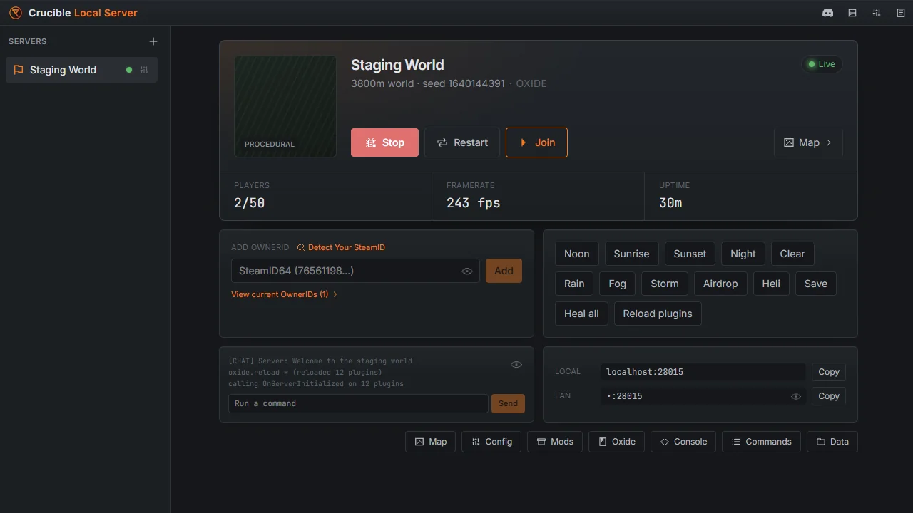 A live Crucible Local Server world with a one-click Join button, player count, framerate and uptime, and localhost and LAN connect strings
