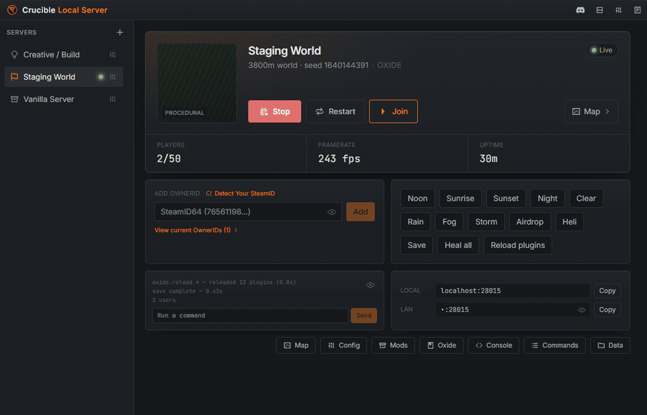 A tour of Crucible Local Server: the live server dashboard, config, mods and plugins, console, searchable command reference, and data tools